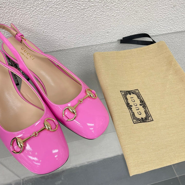 GG WOMEN'S HORSEBIT SLINGBACK IN FUSCIA PINK CALFSKIN WITH RHINSTONES