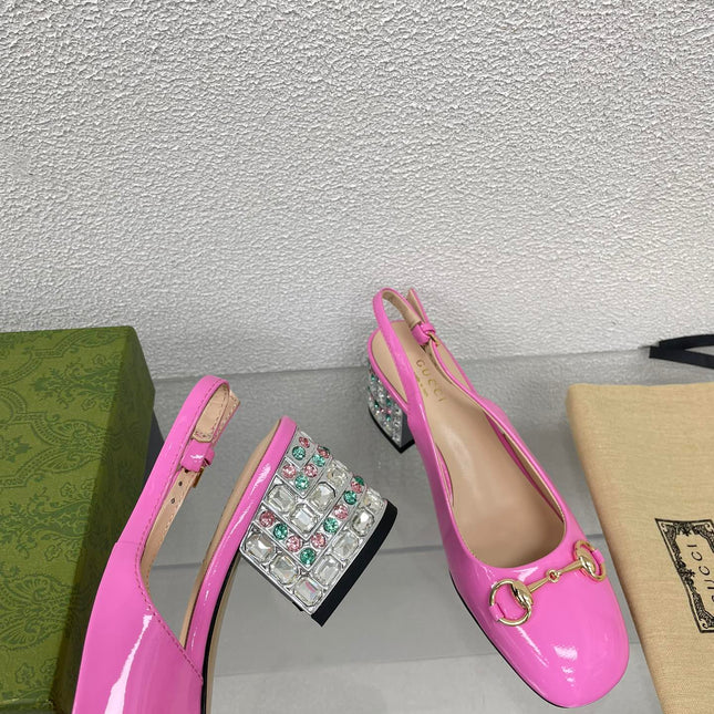 GG WOMEN'S HORSEBIT SLINGBACK IN FUSCIA PINK CALFSKIN WITH RHINSTONES