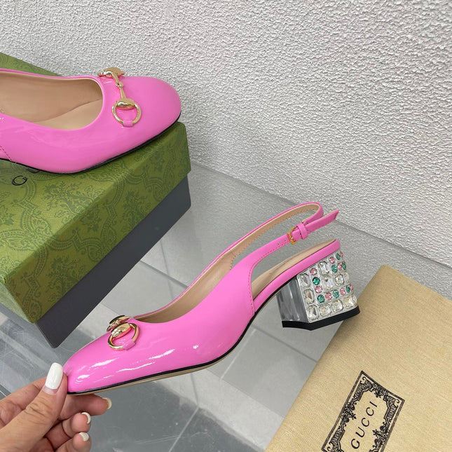 GG WOMEN'S HORSEBIT SLINGBACK IN FUSCIA PINK CALFSKIN WITH RHINSTONES