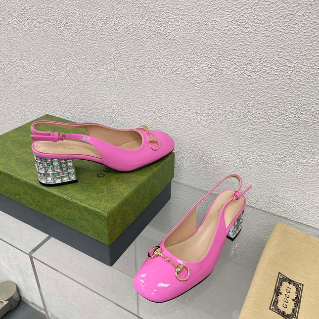 GG WOMEN'S HORSEBIT SLINGBACK IN FUSCIA PINK CALFSKIN WITH RHINSTONES