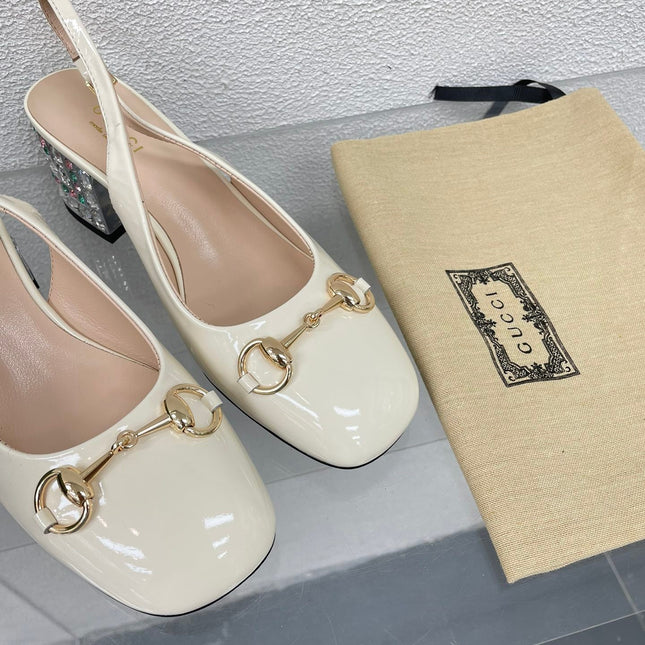 GG WOMEN'S HORSEBIT SLINGBACK IN WHITE CALFSKIN WITH RHINSTONES