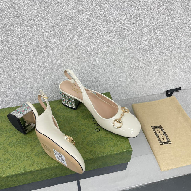 GG WOMEN'S HORSEBIT SLINGBACK IN WHITE CALFSKIN WITH RHINSTONES