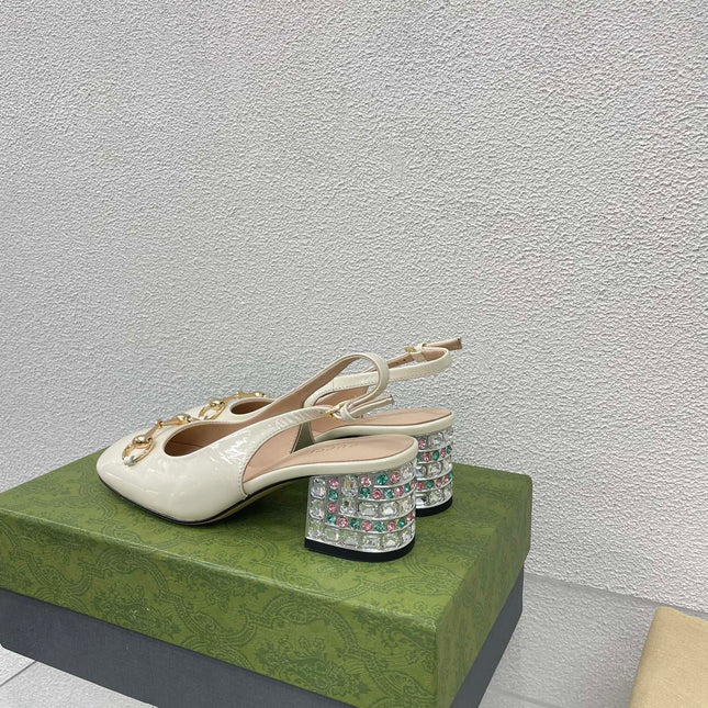 GG WOMEN'S HORSEBIT SLINGBACK IN WHITE CALFSKIN WITH RHINSTONES