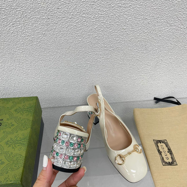 GG WOMEN'S HORSEBIT SLINGBACK IN WHITE CALFSKIN WITH RHINSTONES