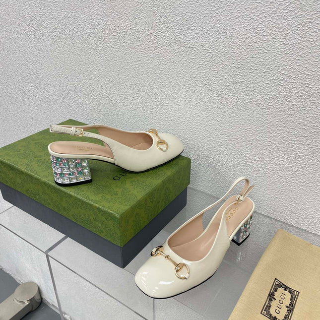 GG WOMEN'S HORSEBIT SLINGBACK IN WHITE CALFSKIN WITH RHINSTONES