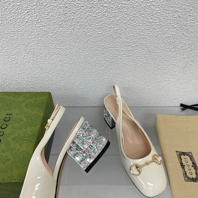 GG WOMEN'S HORSEBIT SLINGBACK IN WHITE CALFSKIN WITH RHINSTONES