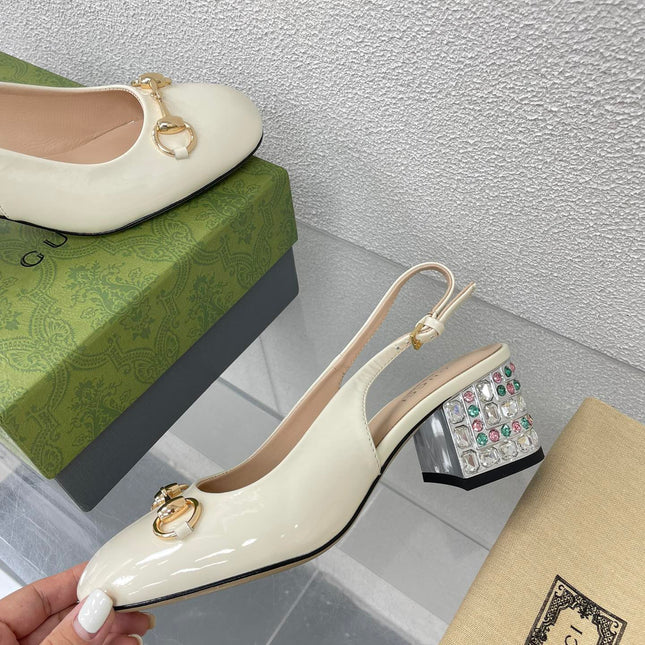 GG WOMEN'S HORSEBIT SLINGBACK IN WHITE CALFSKIN WITH RHINSTONES