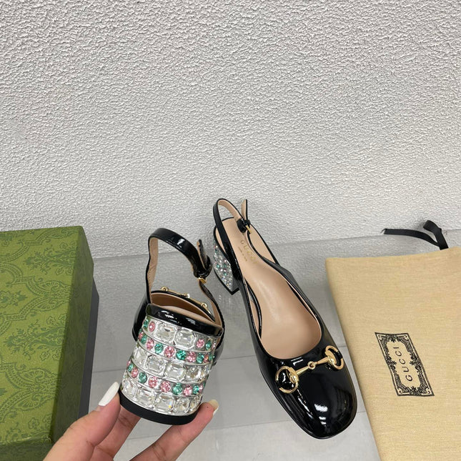 GG WOMEN'S HORSEBIT SLINGBACK IN BLACK CALFSKIN WITH RHINSTONES