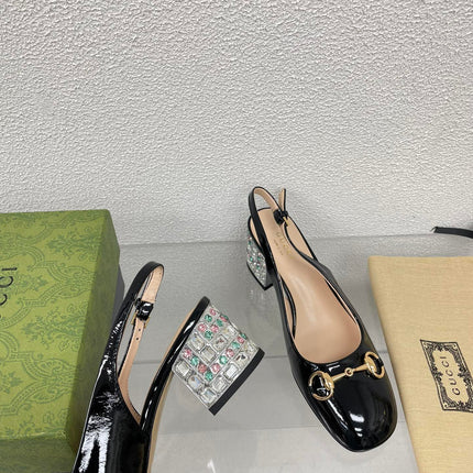 GG WOMEN'S HORSEBIT SLINGBACK IN BLACK CALFSKIN WITH RHINSTONES