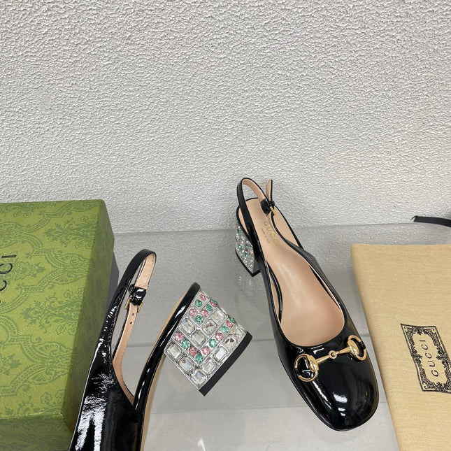 GG WOMEN'S HORSEBIT SLINGBACK IN BLACK CALFSKIN WITH RHINSTONES