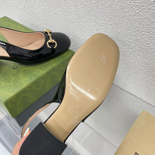 GG WOMEN'S HORSEBIT SLINGBACK IN BLACK CALFSKIN WITH RHINSTONES