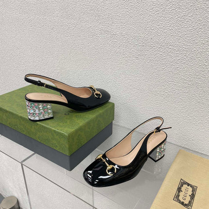 GG WOMEN'S HORSEBIT SLINGBACK IN BLACK CALFSKIN WITH RHINSTONES