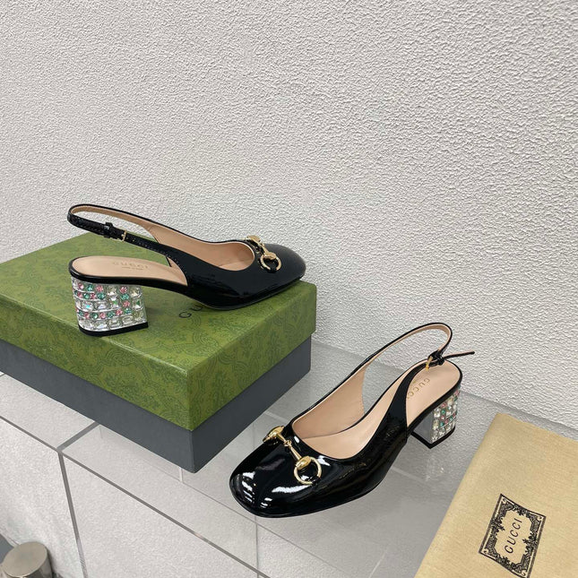 GG WOMEN'S HORSEBIT SLINGBACK IN BLACK CALFSKIN WITH RHINSTONES