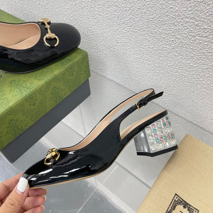 GG WOMEN'S HORSEBIT SLINGBACK IN BLACK CALFSKIN WITH RHINSTONES