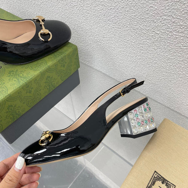 GG WOMEN'S HORSEBIT SLINGBACK IN BLACK CALFSKIN WITH RHINSTONES