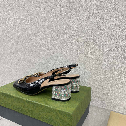 GG WOMEN'S HORSEBIT SLINGBACK IN BLACK CALFSKIN WITH RHINSTONES