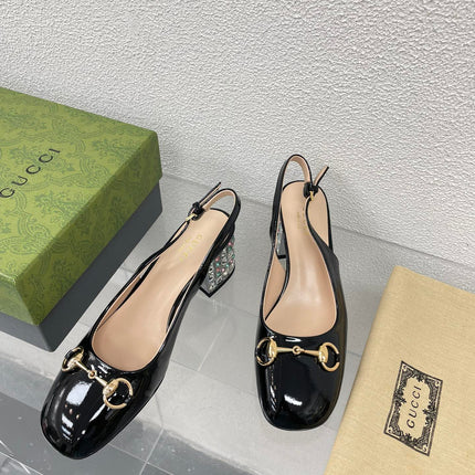 GG WOMEN'S HORSEBIT SLINGBACK IN BLACK CALFSKIN WITH RHINSTONES