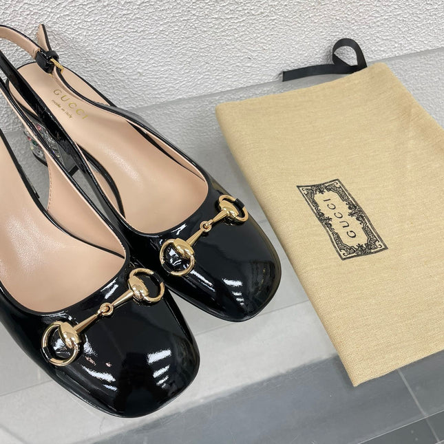 GG WOMEN'S HORSEBIT SLINGBACK IN BLACK CALFSKIN WITH RHINSTONES