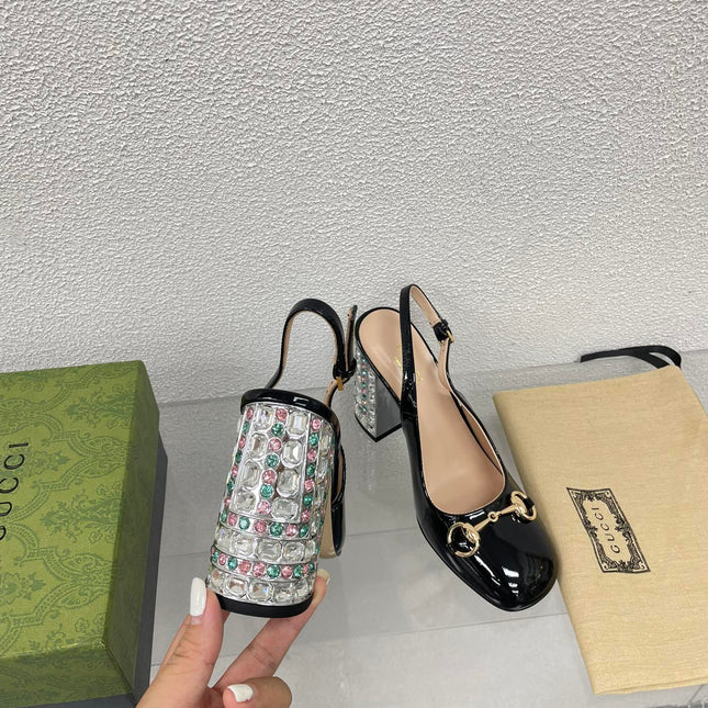 GG WOMEN'S HORSEBIT SLINGBACK 95MM IN BLACK CALFSKIN WITH RHINSTONES