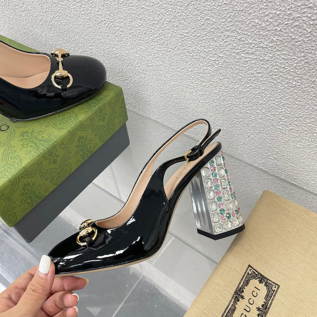 GG WOMEN'S HORSEBIT SLINGBACK 95MM IN BLACK CALFSKIN WITH RHINSTONES