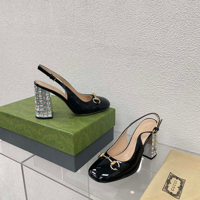 GG WOMEN'S HORSEBIT SLINGBACK 95MM IN BLACK CALFSKIN WITH RHINSTONES