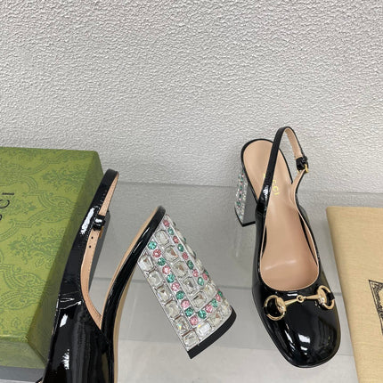 GG WOMEN'S HORSEBIT SLINGBACK 95MM IN BLACK CALFSKIN WITH RHINSTONES