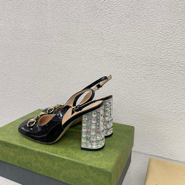 GG WOMEN'S HORSEBIT SLINGBACK 95MM IN BLACK CALFSKIN WITH RHINSTONES