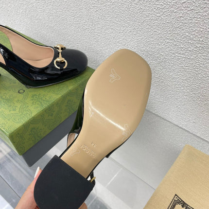 GG WOMEN'S HORSEBIT SLINGBACK 95MM IN BLACK CALFSKIN WITH RHINSTONES