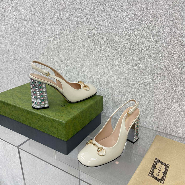 GG WOMEN'S HORSEBIT SLINGBACK 95MM IN WHITE CALFSKIN WITH RHINSTONES