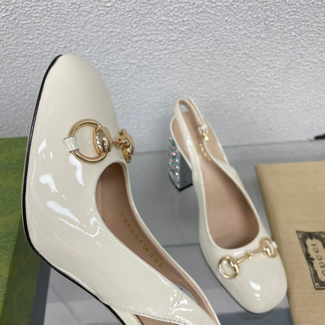 GG WOMEN'S HORSEBIT SLINGBACK 95MM IN WHITE CALFSKIN WITH RHINSTONES