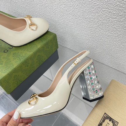 GG WOMEN'S HORSEBIT SLINGBACK 95MM IN WHITE CALFSKIN WITH RHINSTONES