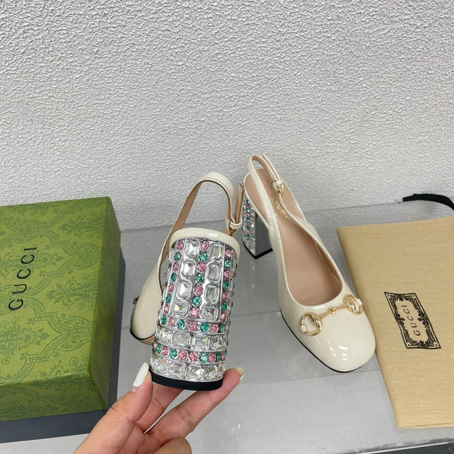 GG WOMEN'S HORSEBIT SLINGBACK 95MM IN WHITE CALFSKIN WITH RHINSTONES