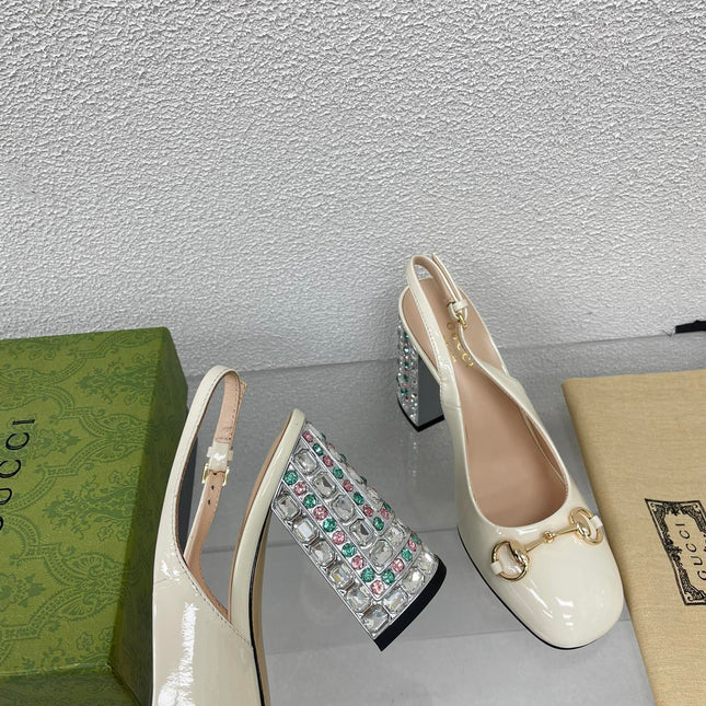 GG WOMEN'S HORSEBIT SLINGBACK 95MM IN WHITE CALFSKIN WITH RHINSTONES