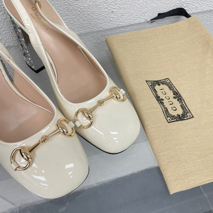 GG WOMEN'S HORSEBIT SLINGBACK 95MM IN WHITE CALFSKIN WITH RHINSTONES