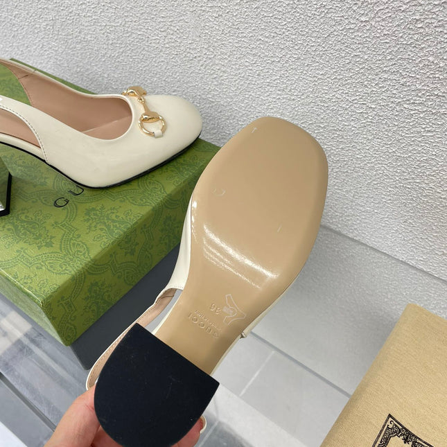 GG WOMEN'S HORSEBIT SLINGBACK 95MM IN WHITE CALFSKIN WITH RHINSTONES