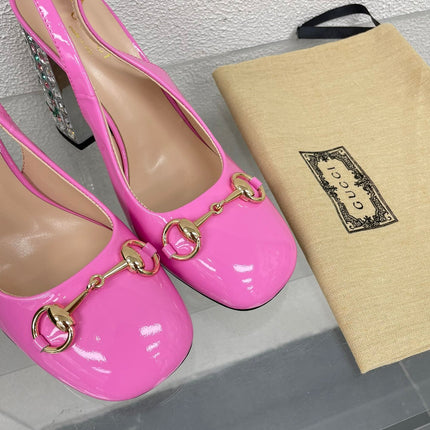 GG WOMEN'S HORSEBIT SLINGBACK 95MM IN FUSICA PINK CALFSKIN WITH RHINSTONES