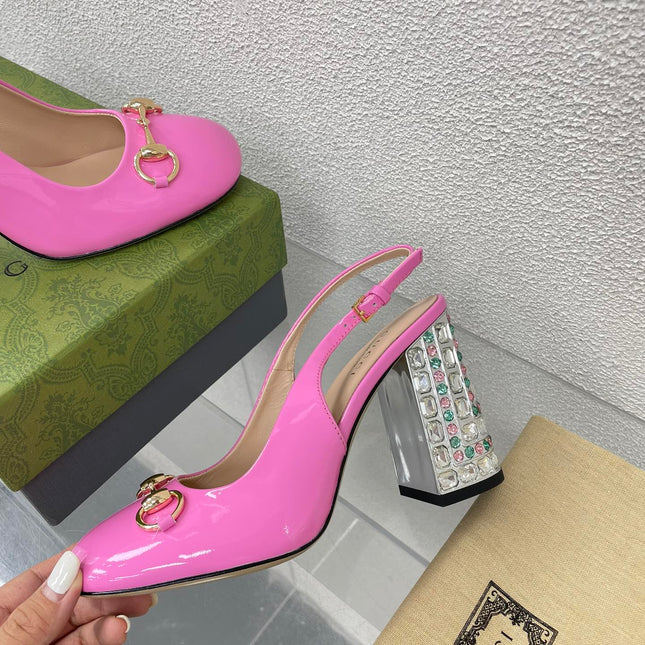 GG WOMEN'S HORSEBIT SLINGBACK 95MM IN FUSICA PINK CALFSKIN WITH RHINSTONES