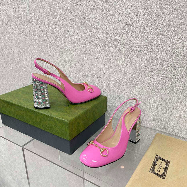 GG WOMEN'S HORSEBIT SLINGBACK 95MM IN FUSICA PINK CALFSKIN WITH RHINSTONES