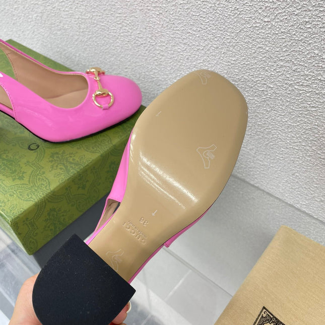 GG WOMEN'S HORSEBIT SLINGBACK 95MM IN FUSICA PINK CALFSKIN WITH RHINSTONES