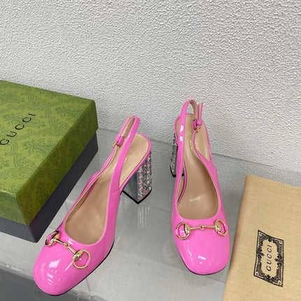 GG WOMEN'S HORSEBIT SLINGBACK 95MM IN FUSICA PINK CALFSKIN WITH RHINSTONES