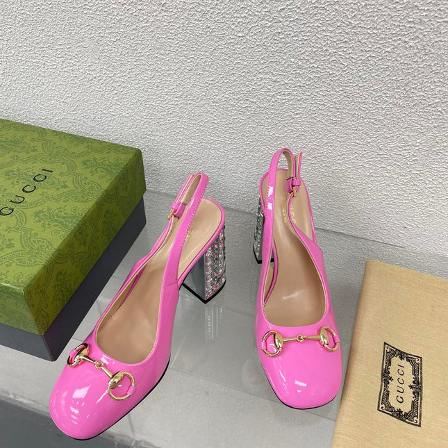 GG WOMEN'S HORSEBIT SLINGBACK 95MM IN FUSICA PINK CALFSKIN WITH RHINSTONES