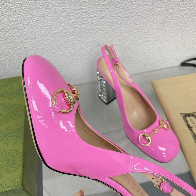 GG WOMEN'S HORSEBIT SLINGBACK 95MM IN FUSICA PINK CALFSKIN WITH RHINSTONES
