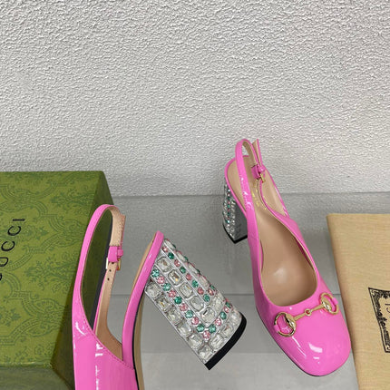 GG WOMEN'S HORSEBIT SLINGBACK 95MM IN FUSICA PINK CALFSKIN WITH RHINSTONES