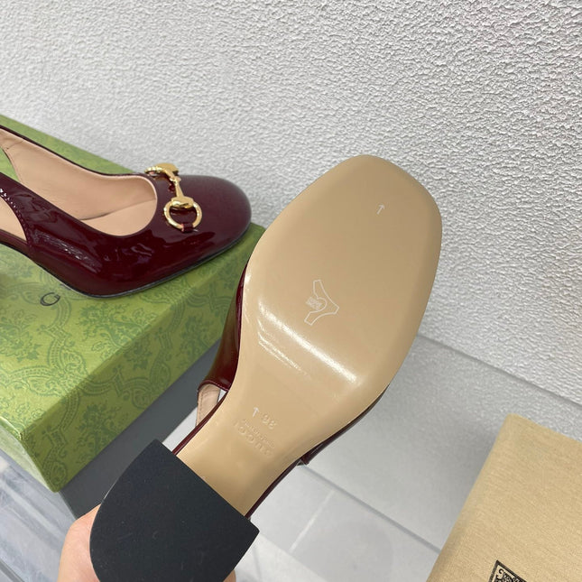 GG WOMEN'S HORSEBIT SLINGBACK 95MM IN WINE RED CALFSKIN WITH RHINSTONES