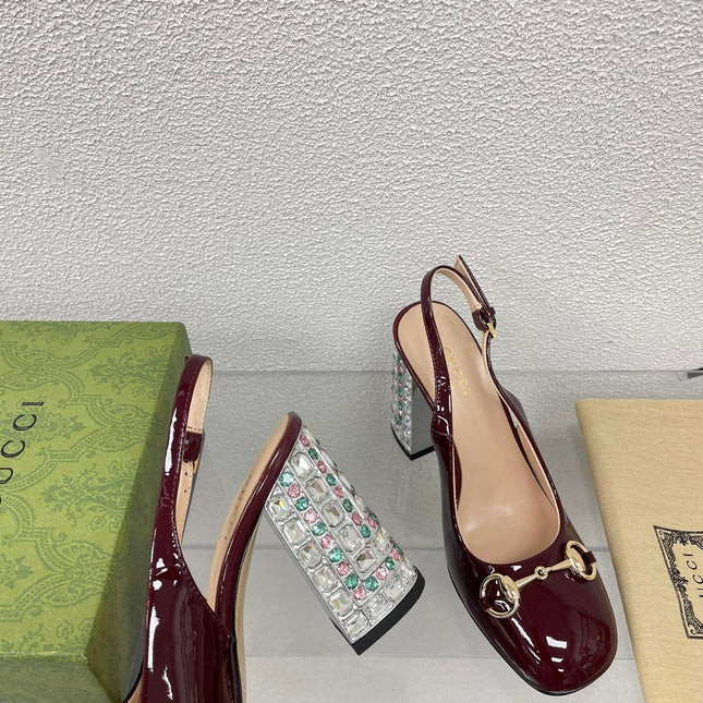 GG WOMEN'S HORSEBIT SLINGBACK 95MM IN WINE RED CALFSKIN WITH RHINSTONES