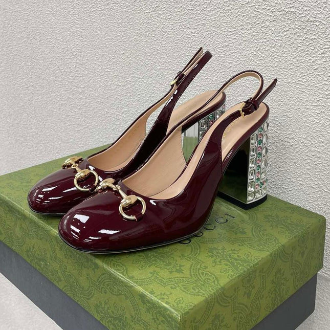 GG WOMEN'S HORSEBIT SLINGBACK 95MM IN WINE RED CALFSKIN WITH RHINSTONES
