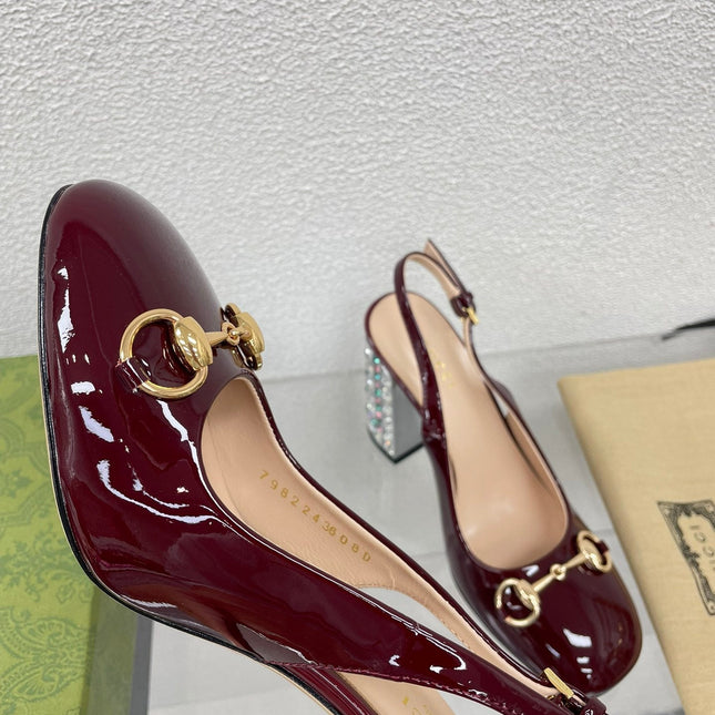 GG WOMEN'S HORSEBIT SLINGBACK 95MM IN WINE RED CALFSKIN WITH RHINSTONES
