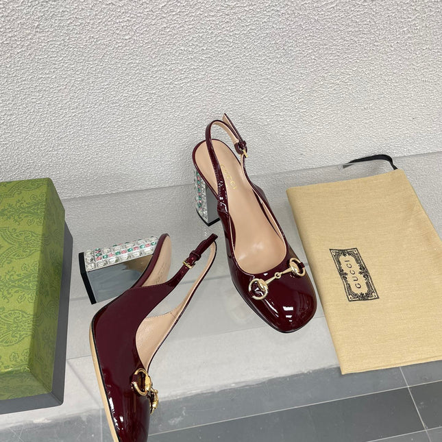 GG WOMEN'S HORSEBIT SLINGBACK 95MM IN WINE RED CALFSKIN WITH RHINSTONES