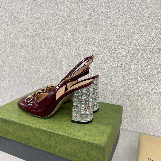 GG WOMEN'S HORSEBIT SLINGBACK 95MM IN WINE RED CALFSKIN WITH RHINSTONES