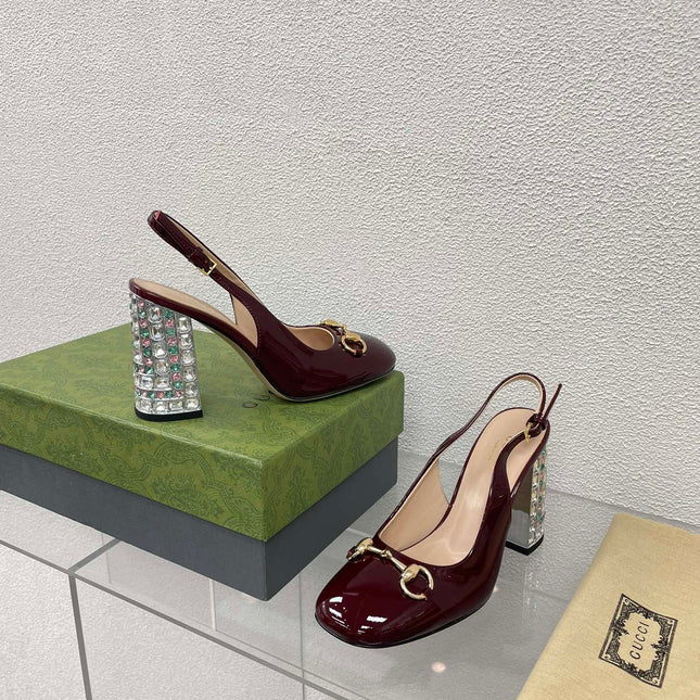 GG WOMEN'S HORSEBIT SLINGBACK 95MM IN WINE RED CALFSKIN WITH RHINSTONES